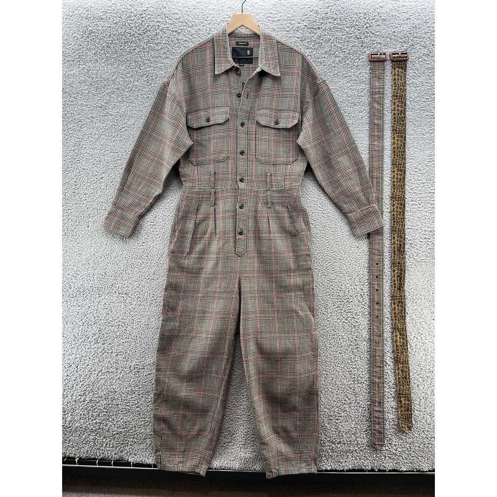 R13 Jumpsuit Womens Large Tan Glen Plaid Double Belt Utility Japanese Cotton
